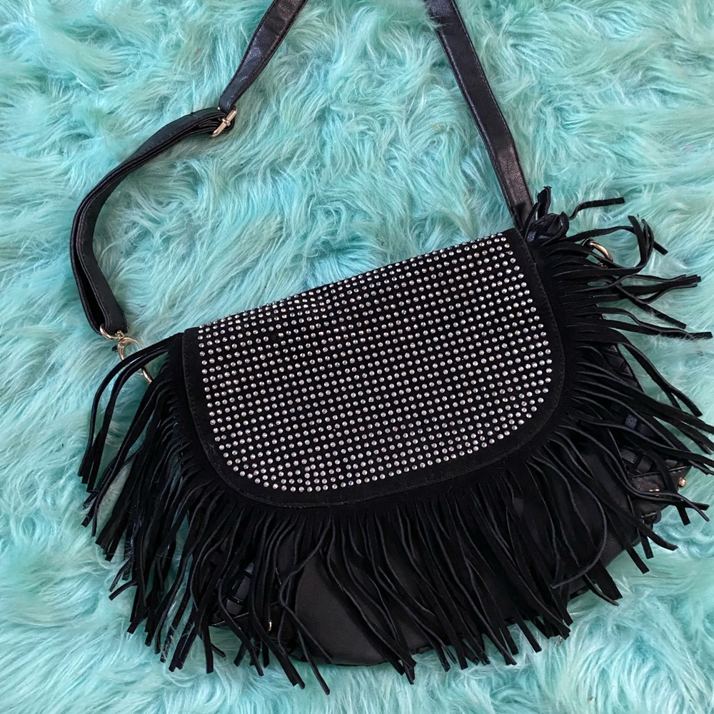 Black suede rhinestone fringe bag